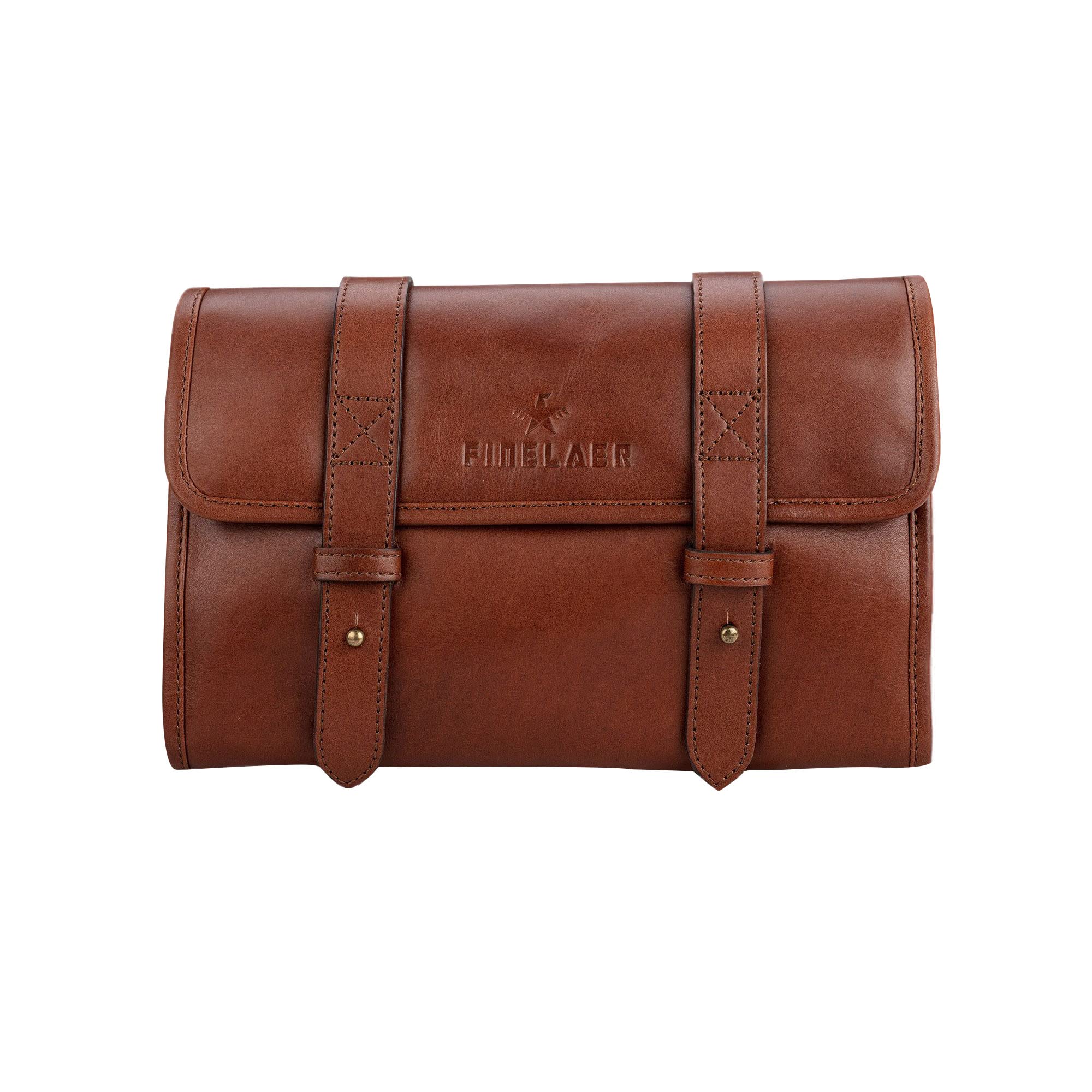 FINELAER Leather Hanging Travel Toiletry Hygiene Cosmetic Makeup Shower Organizer Kit Bag for Men & Women (Brown Carlo)