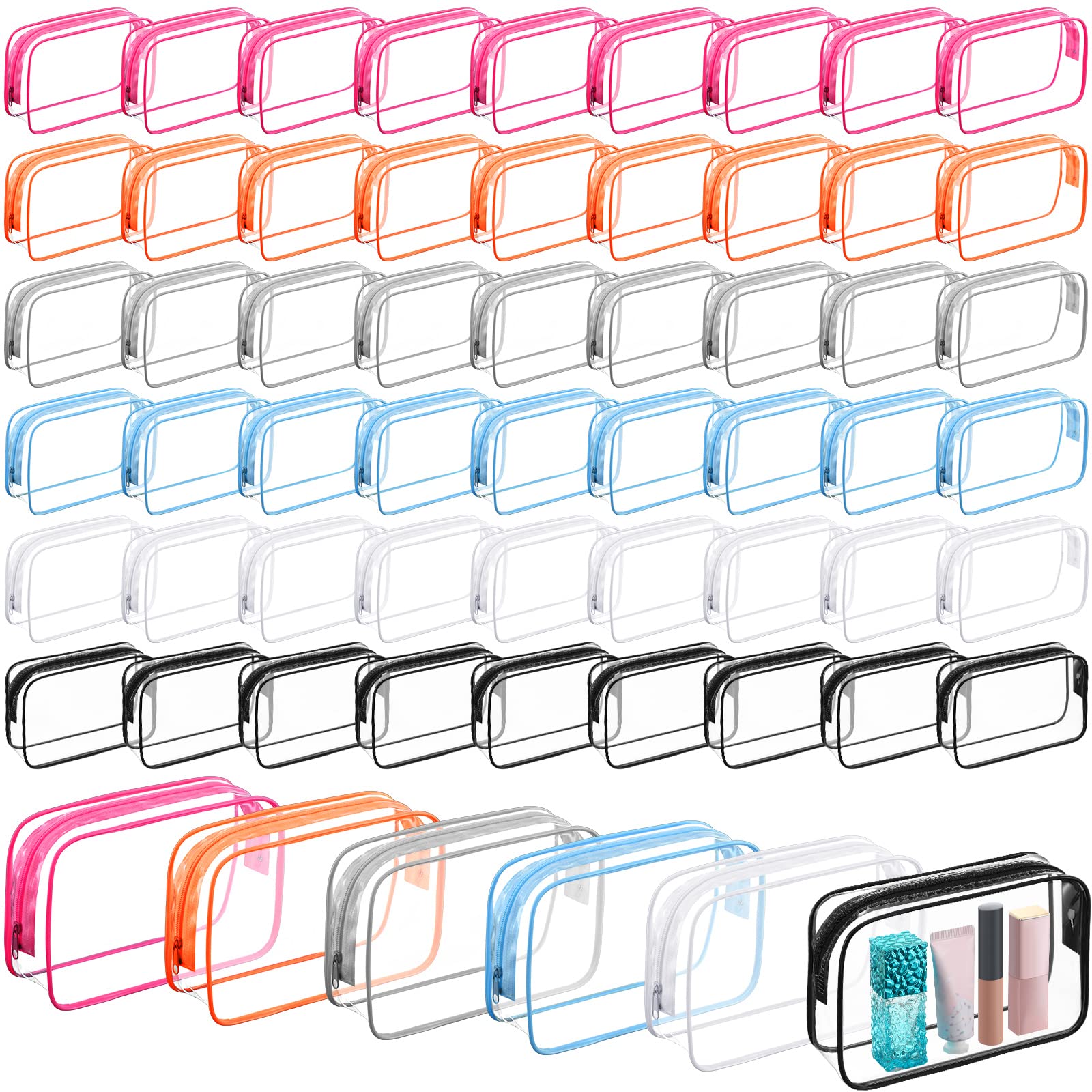 Cunno 60 Pcs Clear Toiletry Bag TSA Approved Toiletry Bag Quart Size Bag Travel Makeup Cosmetic Bag Airport Airline Compliant Bag for Women Men Vacation (Vivid Color)