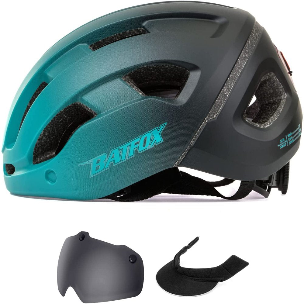 BATFOX Adults Mens Womens Bicycle Bike Helmet Casco De Bicicleta Street Urban Commuter Road Cycling Helmets with Rechargeable Led Light Visor Portable Backpack (Gradient Blue-Eye Shield+Sun Visor)