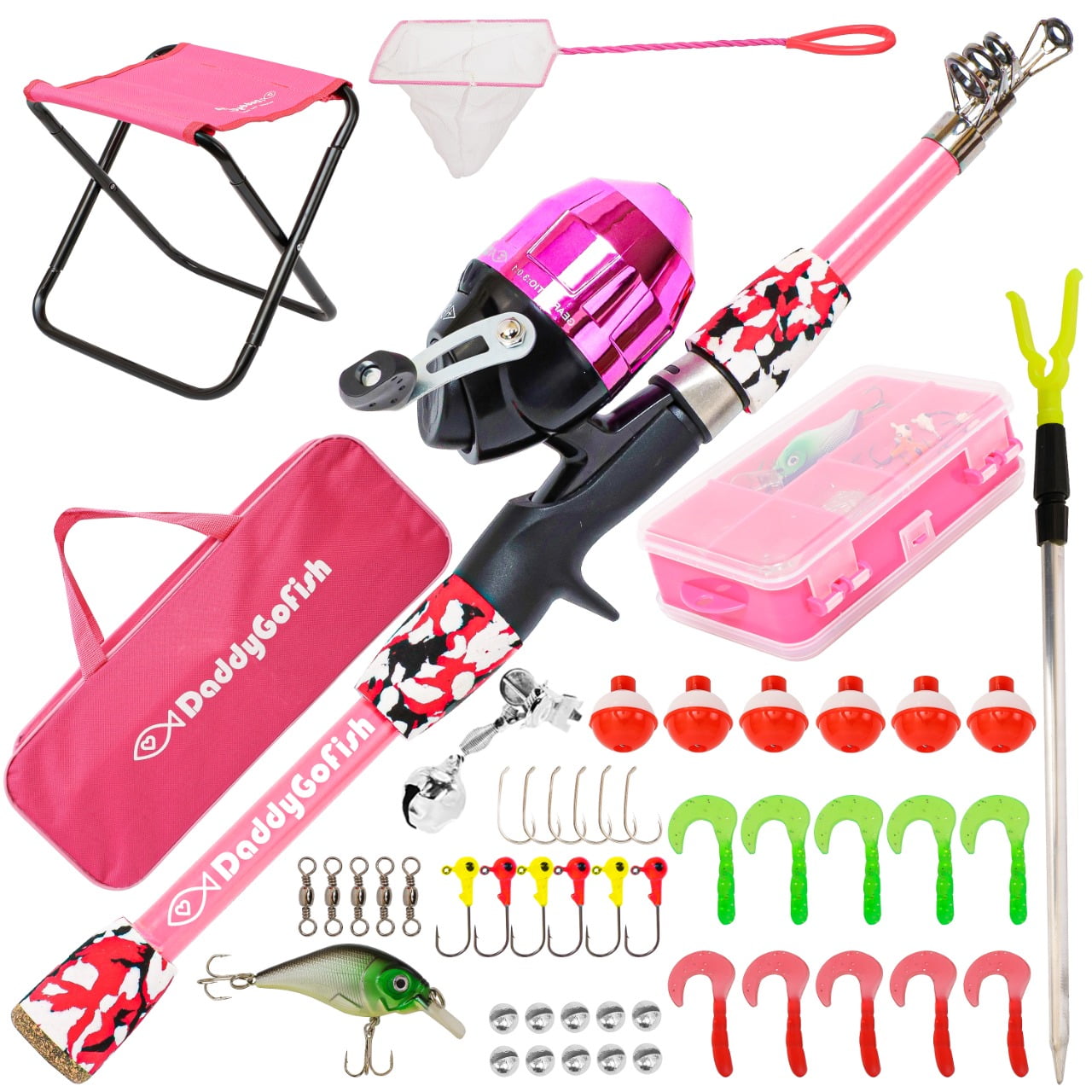 DaddyGoFish Kids Fishing Pole ¨C Telescopic Rod & Reel Combo with Collapsible Chair, Rod Holder, Tackle Box, Bait Net and Carry Bag for Boys and Girls (Pink, 5ft)