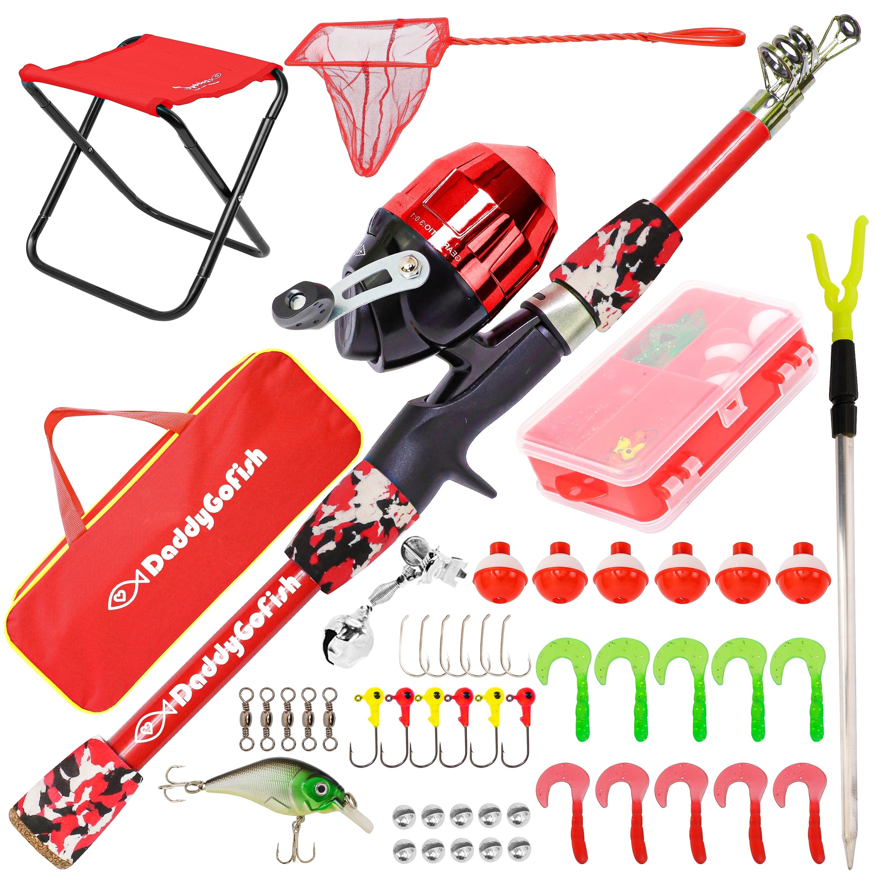 DaddyGoFish Kids Fishing Pole ¨C Telescopic Rod & Reel Combo with Collapsible Chair, Rod Holder, Tackle Box, Bait Net and Carry Bag for Boys and Girls (Red, 5ft)