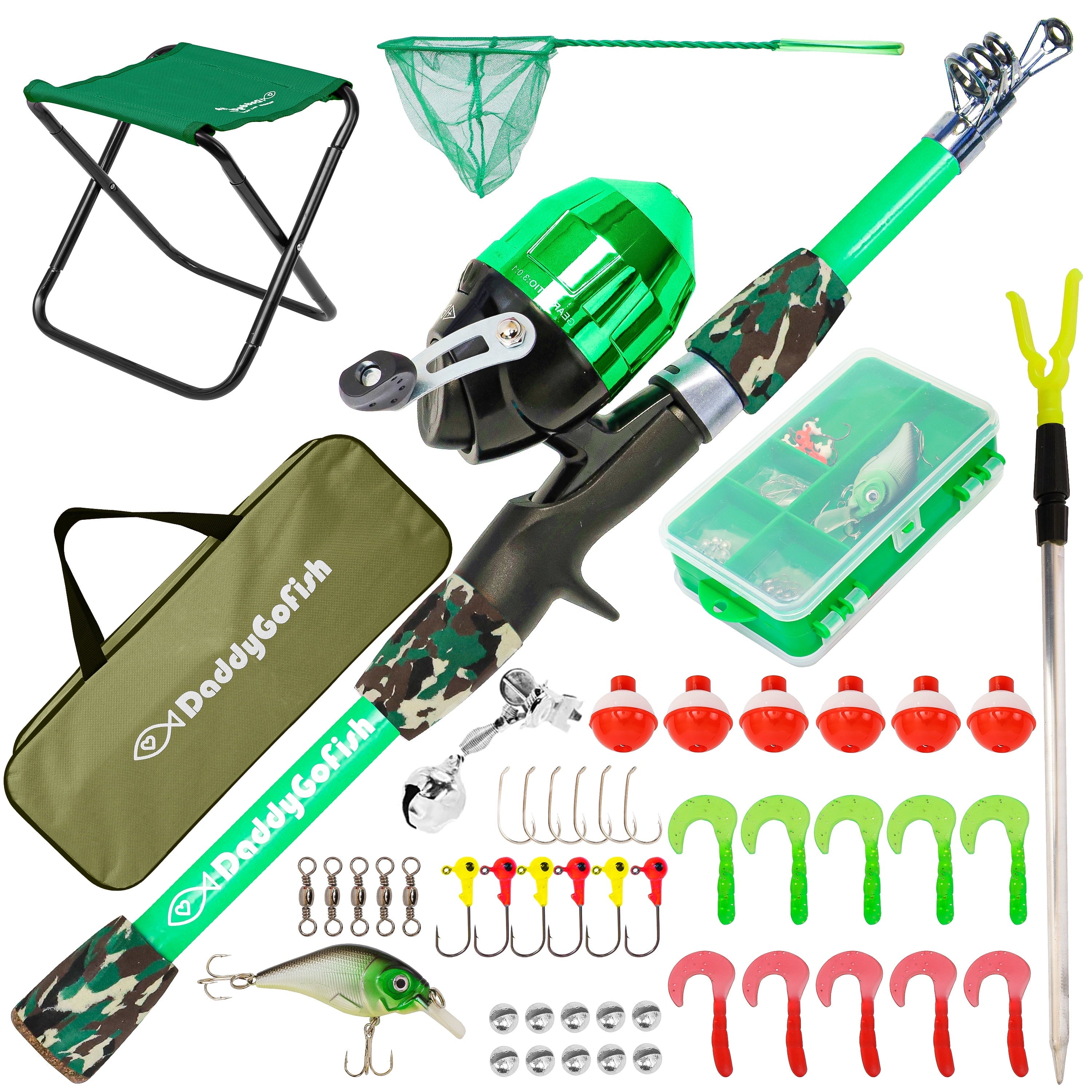 DaddyGoFish Kids Fishing Pole ¨C Telescopic Rod & Reel Combo with Tackle Box, Fishing Net, Collapsible Chair, Rod Holder and Carry Bag for Boys and Girls