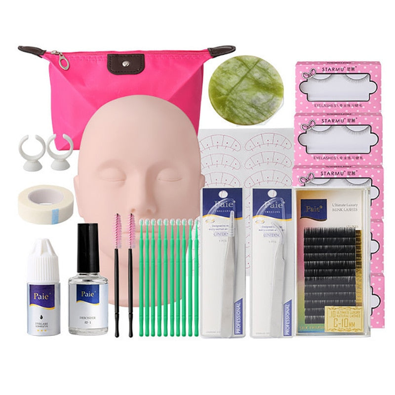 False Eyelash Extension Training Kit Practice Model Head Eye Pads Tweezers Glue Ring Brush Eyelash Tools Kit