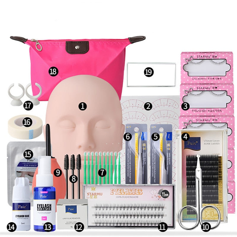False Eyelash Extension Training Kit Practice Model Head Eye Pads Tweezers Glue Ring Brush Eyelash Tools Kit