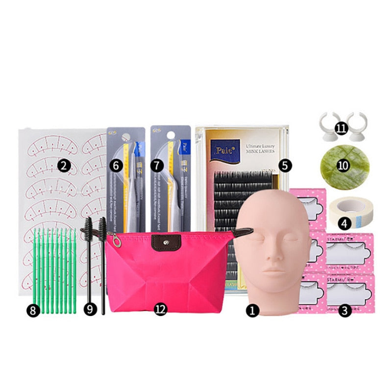 False Eyelash Extension Training Kit Practice Model Head Eye Pads Tweezers Glue Ring Brush Eyelash Tools Kit