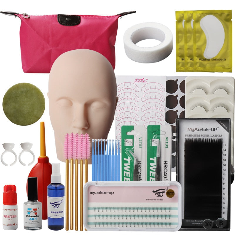 False Eyelash Extension Training Kit Practice Model Head Eye Pads Tweezers Glue Ring Brush Eyelash Tools Kit