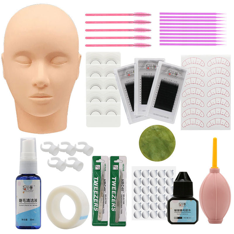 False Eyelash Extension Training Kit Practice Model Head Eye Pads Tweezers Glue Ring Brush Eyelash Tools Kit