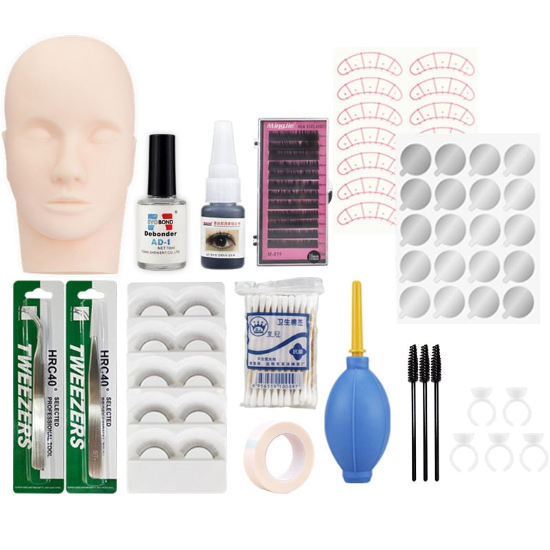False Eyelash Extension Training Kit Practice Model Head Eye Pads Tweezers Glue Ring Brush Eyelash Tools Kit