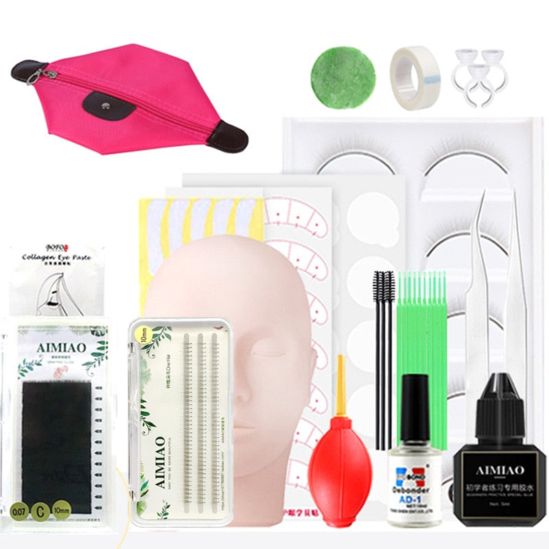 False Eyelash Extension Training Kit Practice Model Head Eye Pads Tweezers Glue Ring Brush Eyelash Tools Kit