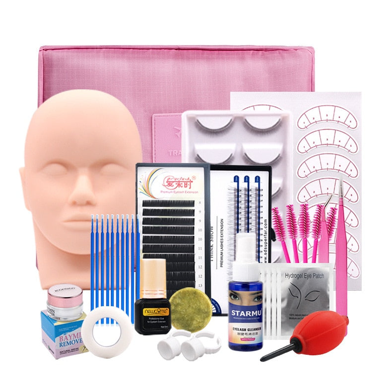 False Eyelash Extension Training Kit Practice Model Head Eye Pads Tweezers Glue Ring Brush Eyelash Tools Kit