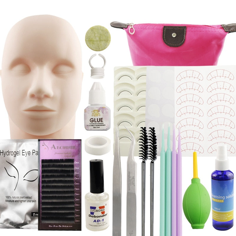 False Eyelash Extension Training Kit Practice Model Head Eye Pads Tweezers Glue Ring Brush Eyelash Tools Kit