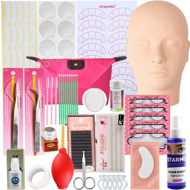 False Eyelash Extension Training Kit Practice Model Head Eye Pads Tweezers Glue Ring Brush Eyelash Tools Kit