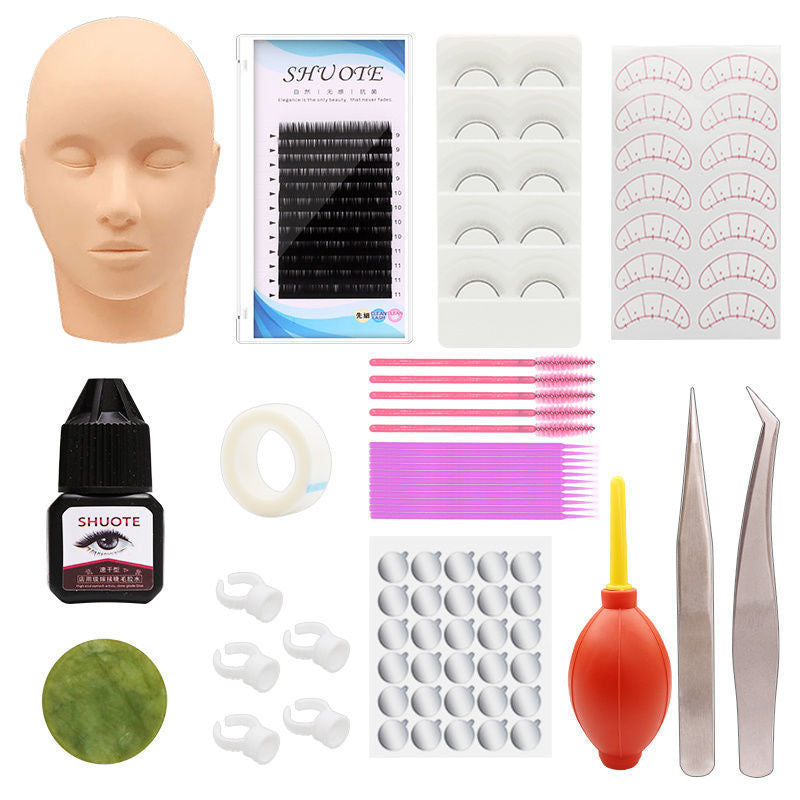 False Eyelash Extension Training Kit Practice Model Head Eye Pads Tweezers Glue Ring Brush Eyelash Tools Kit