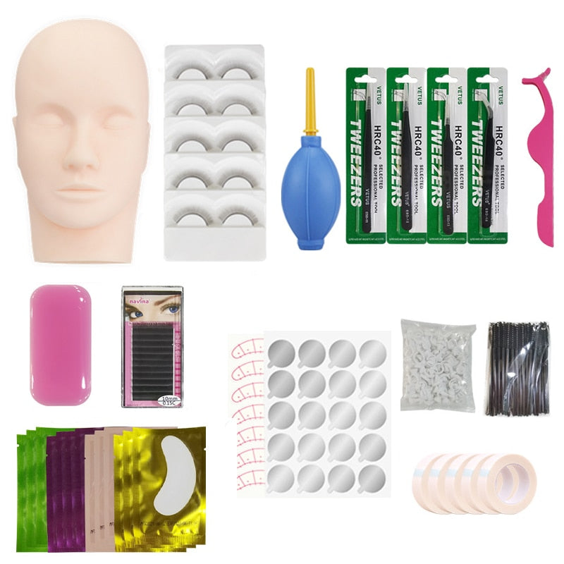 False Eyelash Extension Training Kit Practice Model Head Eye Pads Tweezers Glue Ring Brush Eyelash Tools Kit