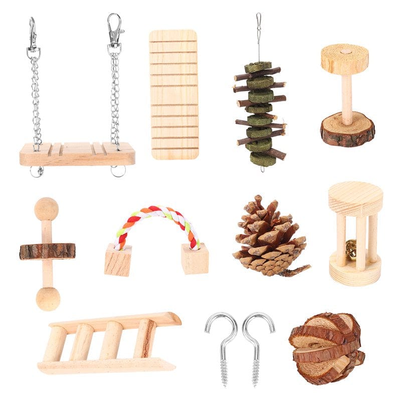 Ball 10 Pcs Set Chew Toys Natural Wooden Gerbils Chinchillas Toys Accessories Dumbbells Exercise Roller Teeth Care Molar Toy for Guinea Pig Bunny Rabbits